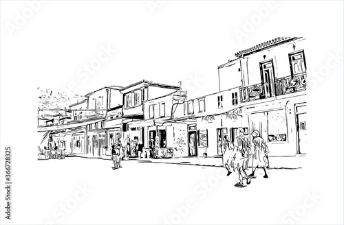 Building view with landmark of Hydra town is the capital and main harbour of the island of Hydra. Hand drawn sketch illustration in vector.