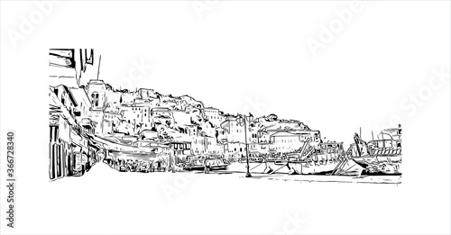 Building view with landmark of Hydra town is the capital and main harbour of the island of Hydra. Hand drawn sketch illustration in vector.