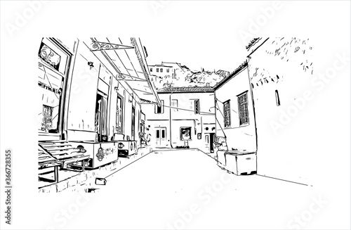 Building view with landmark of Hydra town is the capital and main harbour of the island of Hydra. Hand drawn sketch illustration in vector.
