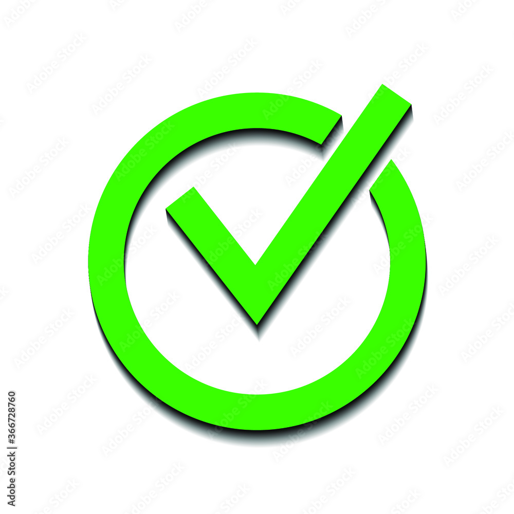 Checkmark in a circle green on a white background and black shadow, sign for design, vector illustration Checkmark in a circle green on a white background and black shadow, sign for design, vector illustration
