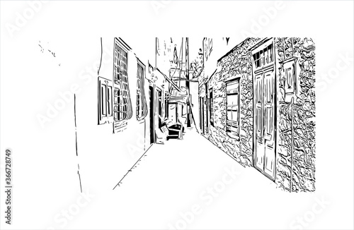 Building view with landmark of Hydra town is the capital and main harbour of the island of Hydra. Hand drawn sketch illustration in vector.