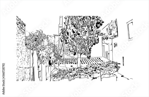 Building view with landmark of Hydra town is the capital and main harbour of the island of Hydra. Hand drawn sketch illustration in vector.