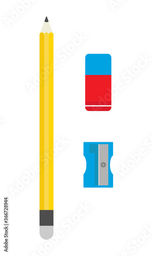 School sharpener, pencil and eraser. Back to school. School office. Flat vector illustration.