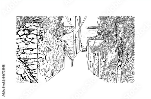 Building view with landmark of Hydra town is the capital and main harbour of the island of Hydra. Hand drawn sketch illustration in vector.