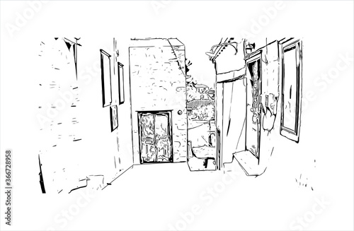 Building view with landmark of Hydra town is the capital and main harbour of the island of Hydra. Hand drawn sketch illustration in vector.