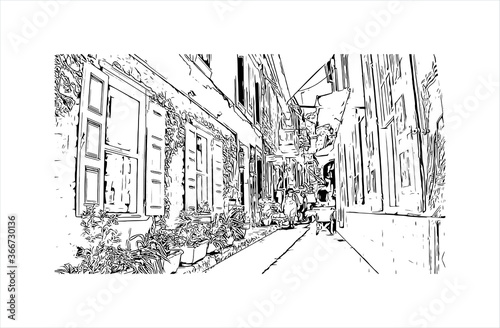 Building view with landmark of Hydra town is the capital and main harbour of the island of Hydra. Hand drawn sketch illustration in vector.