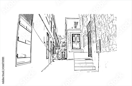 Building view with landmark of Hydra town is the capital and main harbour of the island of Hydra. Hand drawn sketch illustration in vector.