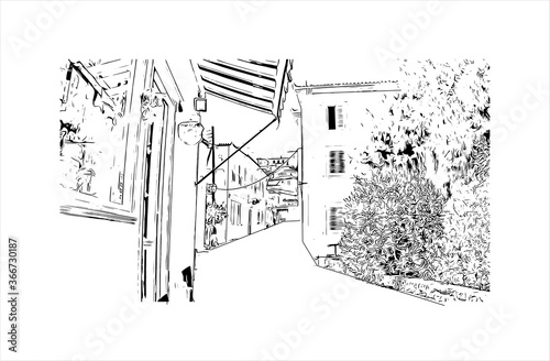 Building view with landmark of Hydra town is the capital and main harbour of the island of Hydra. Hand drawn sketch illustration in vector.