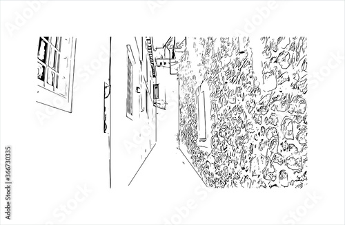 Building view with landmark of Hydra town is the capital and main harbour of the island of Hydra. Hand drawn sketch illustration in vector.