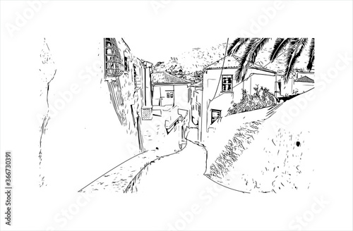 Building view with landmark of Hydra town is the capital and main harbour of the island of Hydra. Hand drawn sketch illustration in vector.