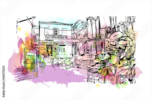 Building view with landmark of Hydra town is the capital and main harbour of the island of Hydra. Watercolor splash with hand drawn sketch illustration in vector.