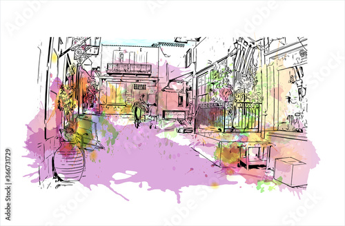 Building view with landmark of Hydra town is the capital and main harbour of the island of Hydra. Watercolor splash with hand drawn sketch illustration in vector.