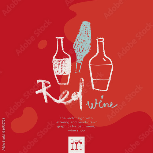 Three wine bottles in hand-drawn style with pastel texture for winery emblem, wine label design, sign bar, restaurant with wines menu card. Vector icon of organic and bio viticulture — Symbol.