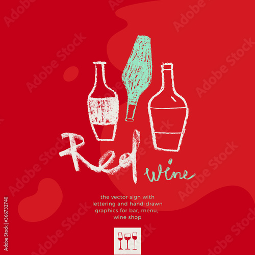 Three wine bottles in hand-drawn style with pastel texture for winery emblem, wine label design, sign bar, restaurant with wines menu card. Vector icon of organic and bio viticulture — Symbol.