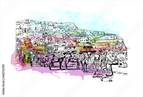 Building view with landmark of Hydra town is the capital and main harbour of the island of Hydra. Watercolor splash with hand drawn sketch illustration in vector.