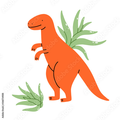 Two tillandsia plants with a cute dinosaur pot, cartoon vector illustration