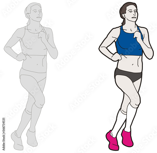 Vector drawing of a female long distance runner. Sportswoman at marathon run.
