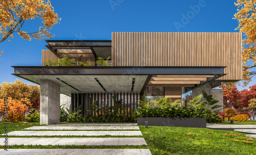 3d rendering of modern cozy house with parking and pool for sale or rent with wood plank facade and beautiful landscaping on background. Clear sunny autumn day with golden leaves anywhere.