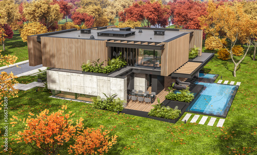 3d rendering of modern cozy house with parking and pool for sale or rent with wood plank facade and beautiful landscaping on background. Clear sunny autumn day with golden leaves anywhere.