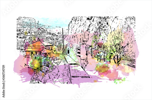 Building view with landmark of Hydra town is the capital and main harbour of the island of Hydra. Watercolor splash with hand drawn sketch illustration in vector.