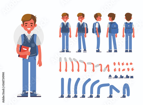 School Boy Character Constructor for Animation.  Front, Side and Back View. Cute Kid in School Uniform and Different Postures. Body Parts Collection. Flat Cartoon Vector Illustration.