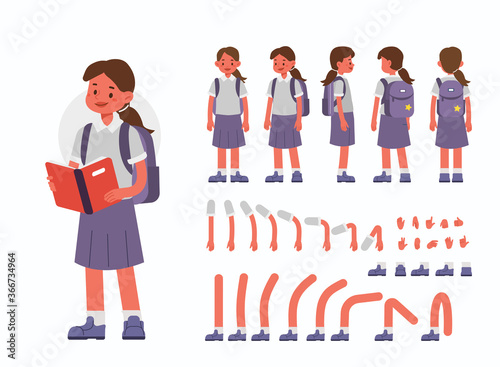 School Girl Character Constructor for Animation.  Front, Side and Back View. Cute Kid in School Uniform and Different Postures. Body Parts Collection. Flat Cartoon Vector Illustration.