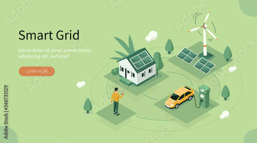 Smart Grid Technology with Renewable Energy. Wind Electricity Generators and Solar Panels Connected to Smart House and Electric Car. Sustainability and Eco Energy. Flat Isometric Vector Illustration.