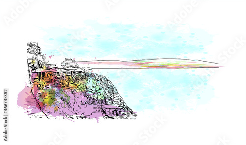Building view with landmark of Hydra town is the capital and main harbour of the island of Hydra. Watercolor splash with hand drawn sketch illustration in vector.
