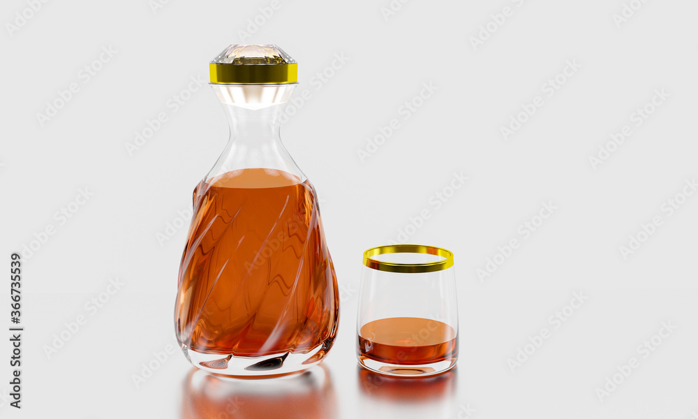 Luxury liquor bottle or whiskey bottle, diamond-shaped lid with a golden stripe, And have a full bottle of drink A clear whiskey glass with liquor in the glass. 3D Rendering. Luxury liquor bottle or whiskey bottle, diamond-shaped lid with a golden stripe, And have a full bottle of drink A clear whiskey glass with liquor in the glass. 3D Rendering.