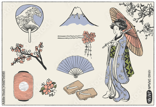 Set of Japan design elements. Geisha Woman Illustration. Hand drawn vector illustration.