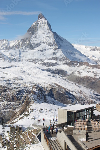 Beautiful and pure famous Matterhorn covers of white snow, looking from Rotenboden and Riffelberg, Zermatt, Switzerland, Europe photo