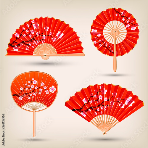 Japanese and Chinese Hand fans set .Traditional oriental black and gold hand fan collection. Vector illustration.
