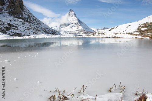 Beautiful winter landscape at Riffelsee Lake, Rotenboden, Zermatt, Switzerland, Europe photo