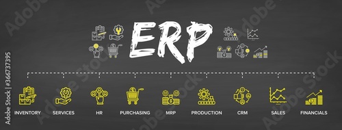 ERP - Enterprise resource planning structure/ module/ workflow icon construction concept on chalkboard background
