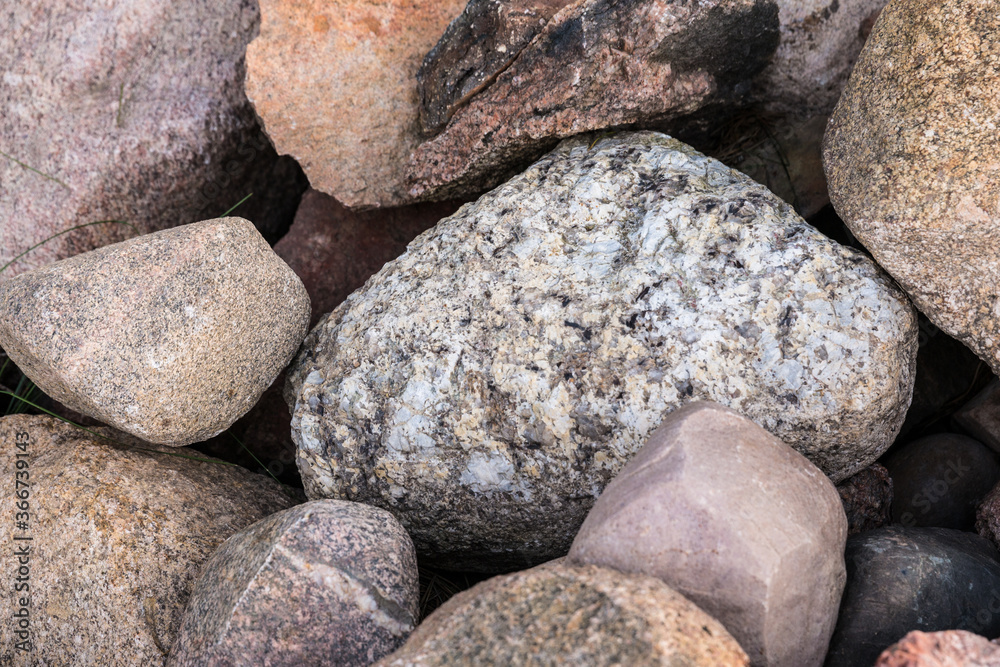 Natural stones with plants around. The texture of the stones of different sizes and colours on the grass. Stone background. Natural stones with plants around. The texture of the stones of different sizes and colours on the grass. Stone background.