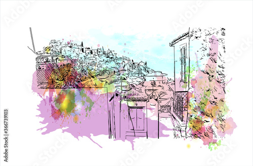 Building view with landmark of Hydra town is the capital and main harbour of the island of Hydra. Watercolor splash with hand drawn sketch illustration in vector.