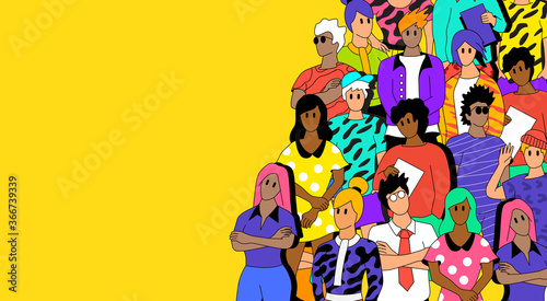 A crowd of vibrant multicultural people. Creative community characters -  Vector illustration