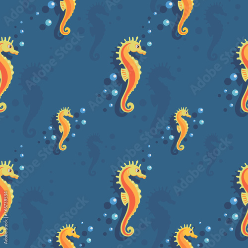 Seahorse cartoon. Vector pattern with silhouette seahorse and air bubbles. Seamless background, template.