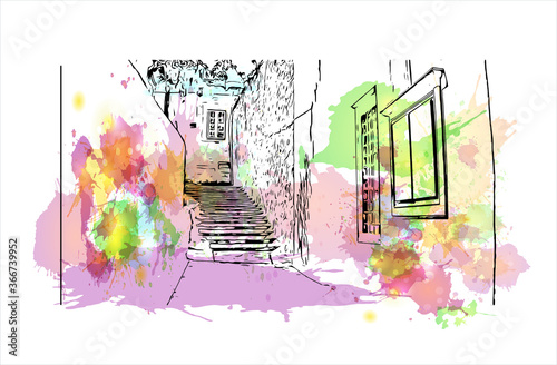 Building view with landmark of Hydra town is the capital and main harbour of the island of Hydra. Watercolor splash with hand drawn sketch illustration in vector.
