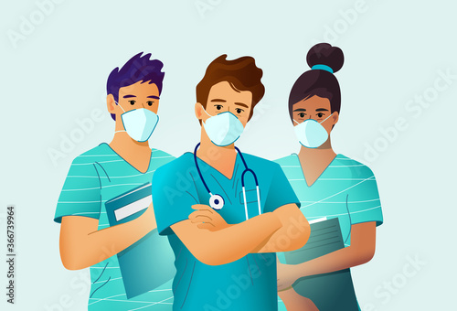 Key medical workers, nurses and doctor, wearing face masks. Vector people illustration.