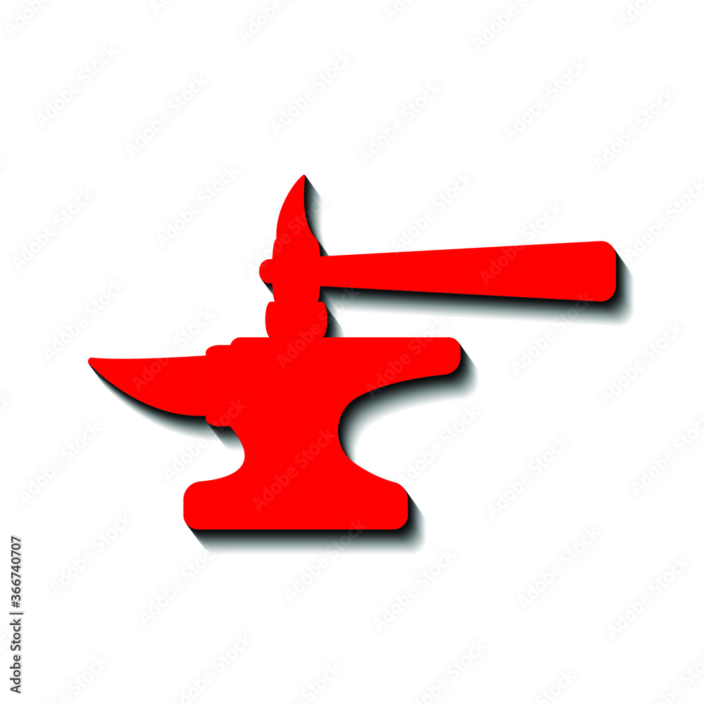 Red hammer with an anvil on a white background and black shadow, sign for design, vector illustration Red hammer with an anvil on a white background and black shadow, sign for design, vector illustration