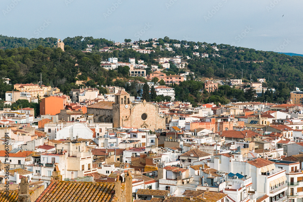 The town of Tossa de Mar from above. City through a pine forest. City on the mountain. City from the top of the fortress.
