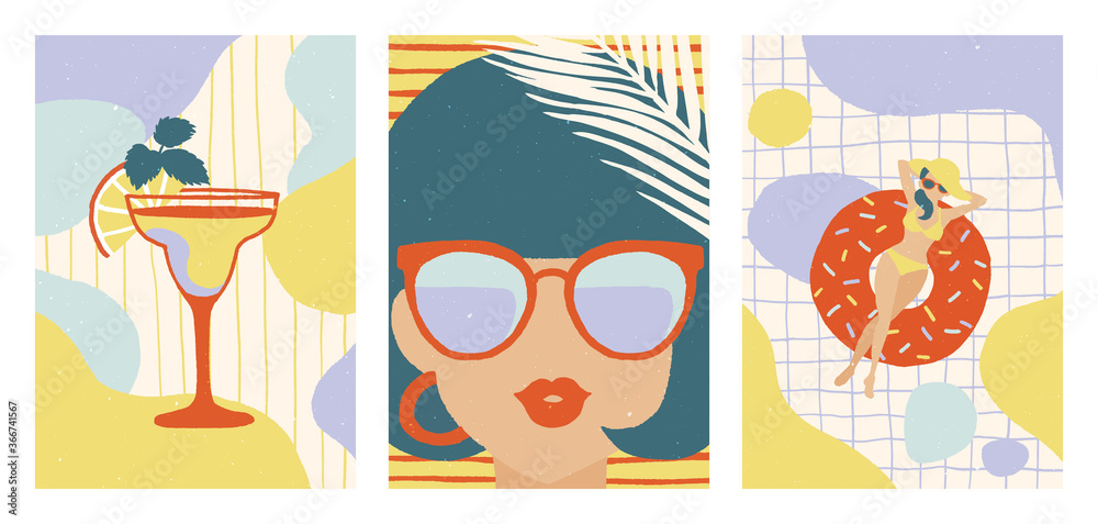 Set of Summer illustraitions. Cocktail / young woman in sunglasses / woman with inflatable donut in swimming pool. Vector illustrations.