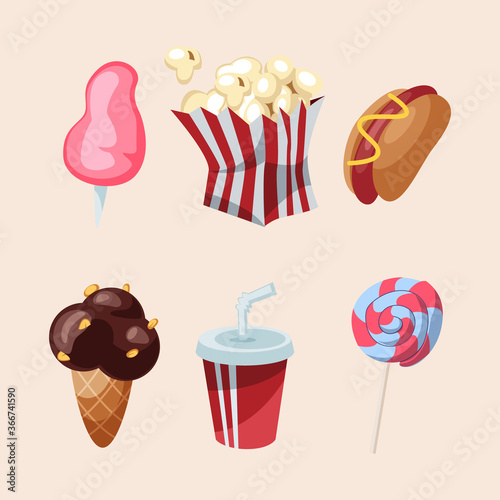 Set of cinema snack vector, pop corn, hot dog, sode, cotton candy, ice cream, lollipop