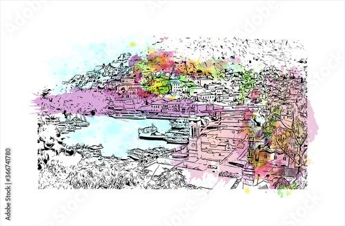 Building view with landmark of Hydra town is the capital and main harbour of the island of Hydra. Watercolor splash with hand drawn sketch illustration in vector.