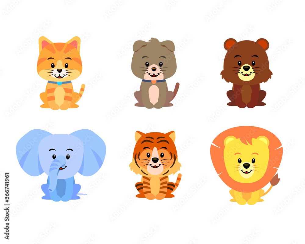 Fototapeta premium Cat Dog Bear Elephant Tiger Lion Animals friends illustration