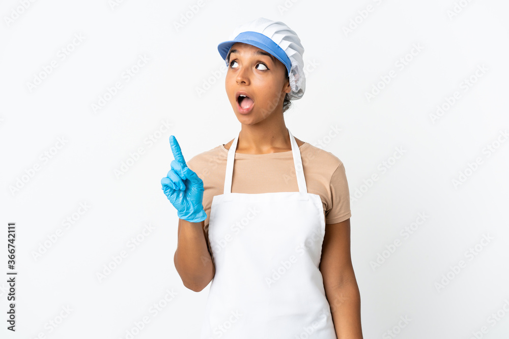 Fishwife asian woman over isolated background thinking an idea pointing the finger up Fishwife asian woman over isolated background thinking an idea pointing the finger up