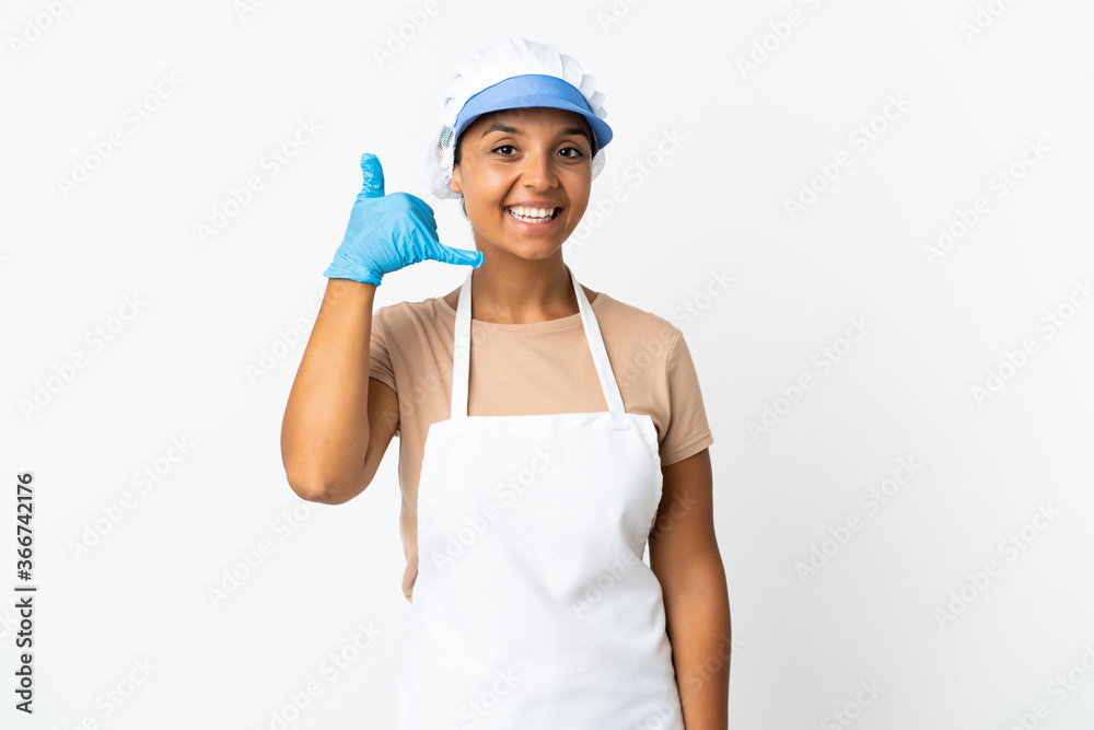 Fishwife asian woman over isolated background making phone gesture. Call me back sign Fishwife asian woman over isolated background making phone gesture. Call me back sign