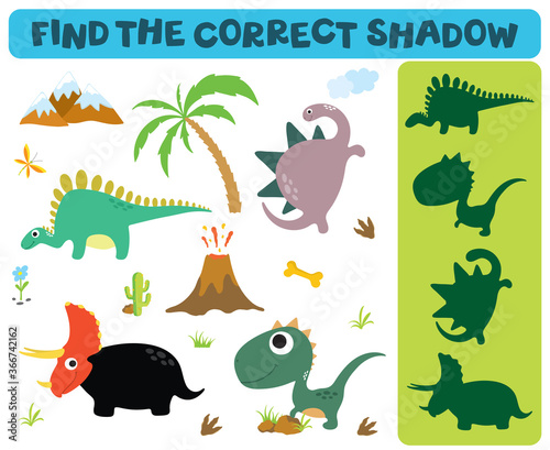 Find the correct shadow  Adorable dinosaurs isolated on white background
