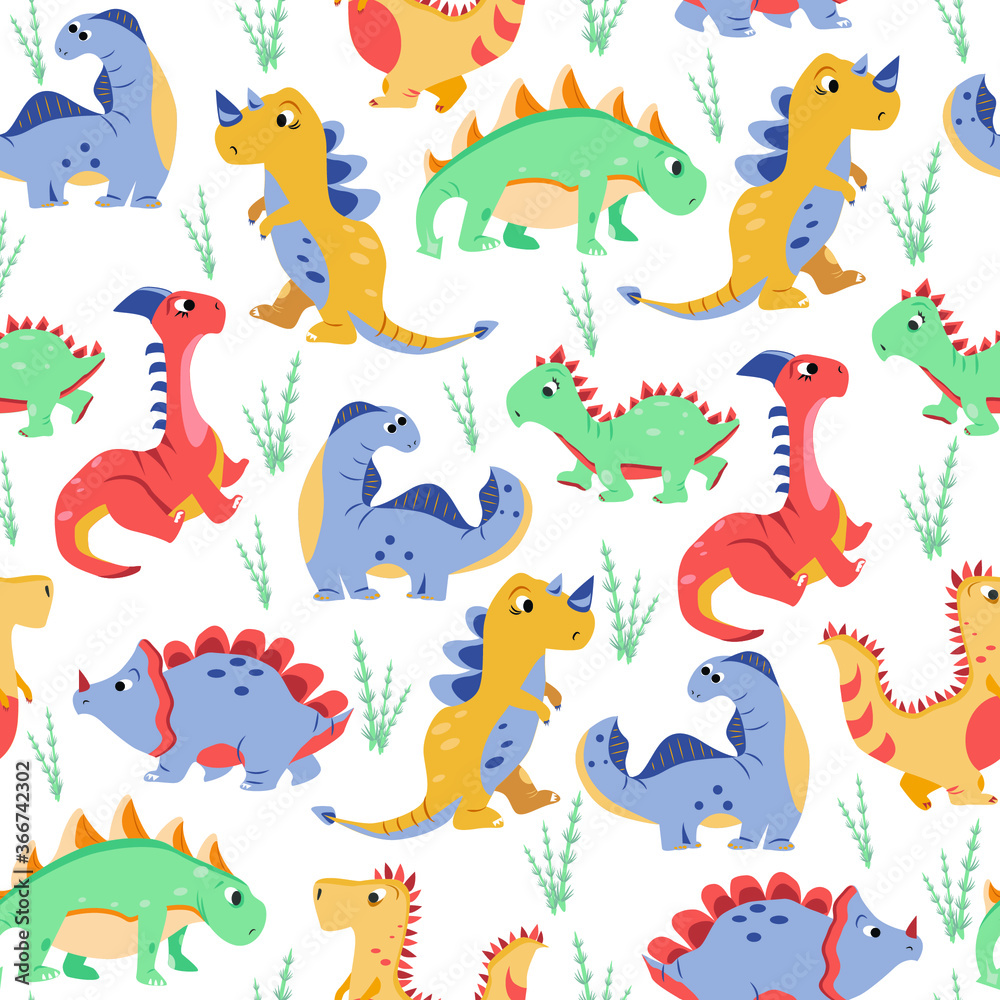 vector seamless patterns with dinosaurs and ferns. texture for children with cartoon motives and plants. patterns for decorating fabrics and children's clothing